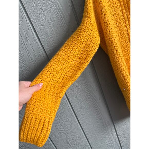 Vintage Hand Knit Chunky Cardigan Sweater Mustard Yellow Open Front Pockets - Picture 2 of 5